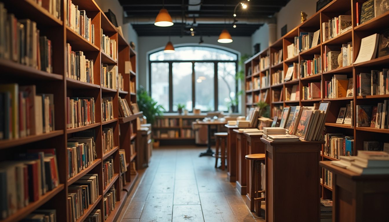 Eye-level view of a stylish community bookstore interior