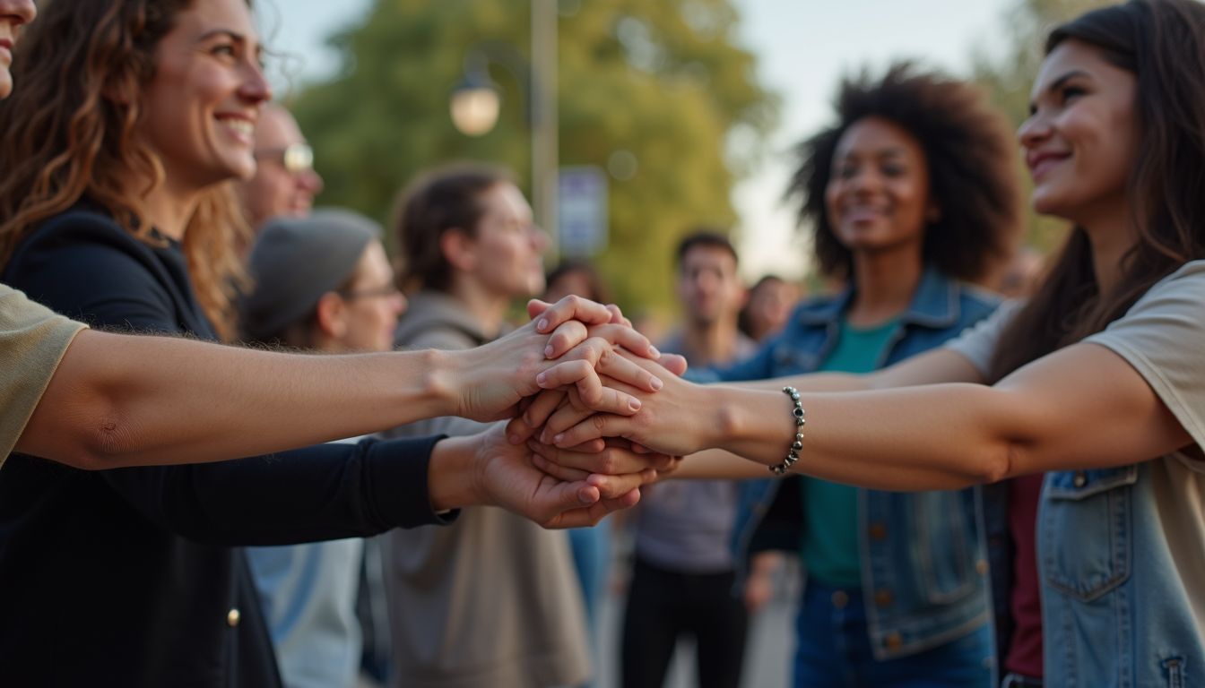 Close-up view of a diverse group of activists holding hands in solidarity