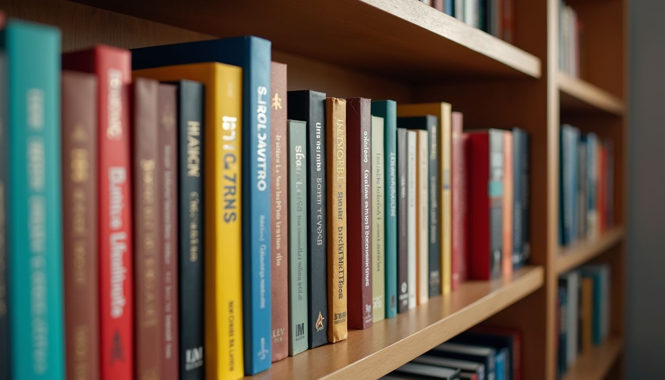 Close-up view of a bookshelf filled with diverse children's books